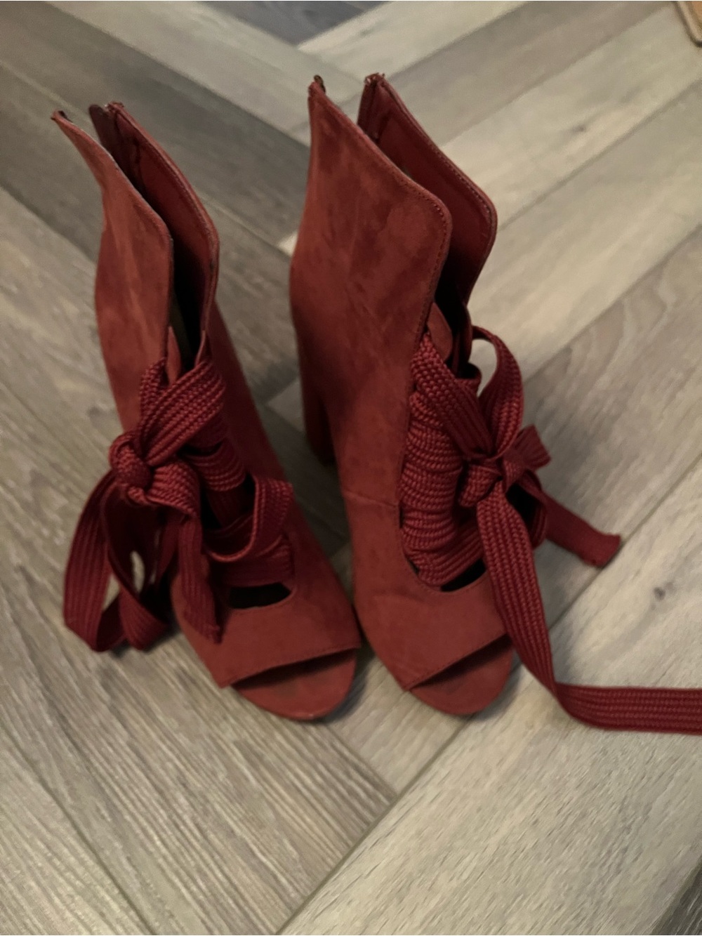 JustFab Red Suede Lace-Up Peep Toe High Heels